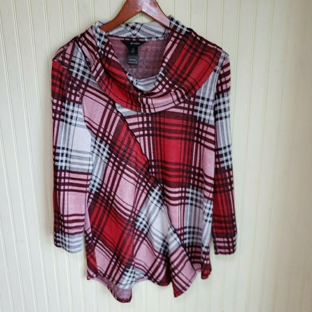 Ali Miles Blouse Womens Medium Red Cowl Neck Long Sleeve Plaid Tunic Top